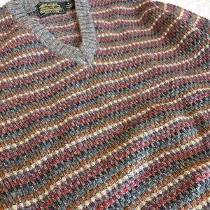 Vintage Eddie Bauer Multicolor Striped V-Neck Sweater, 100% Scotland Wool
